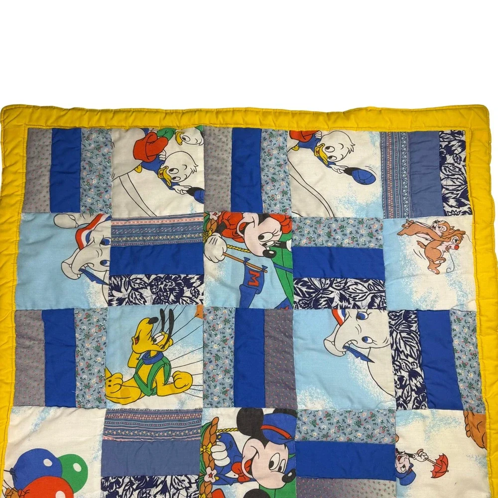 Disney Vintage Cottagecore Kids Patchwork Quilt Baby Blanket Blue Cotton Kidcore